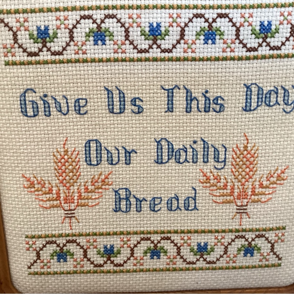 Vintage Framed Embroidered Give Us This Day Kitchen Art - Picture 2 of 5